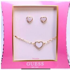 NWT GUESS IRIDESCENT MOTHER OF PEARL BEAF HEART BRACELET & EARRING SET GOLD TONE